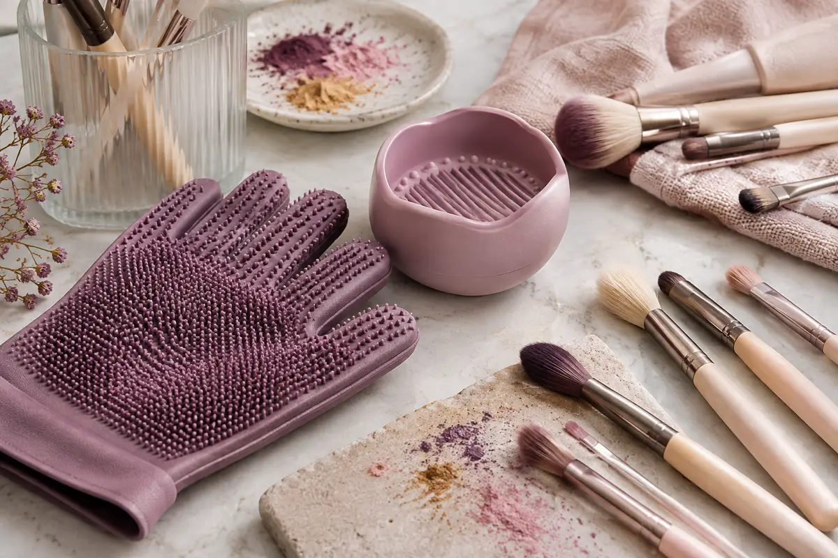 Gant texturé et support de lavage près de pinceaux de maquillage
