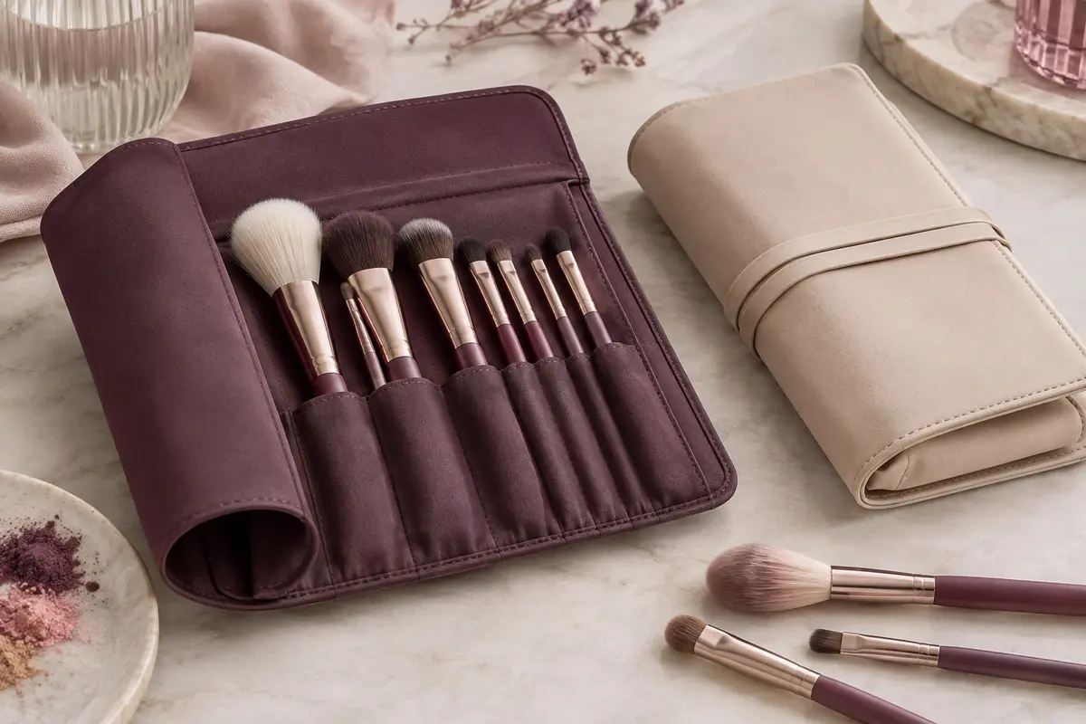 Étui ouvert et pochette contenant des pinceaux de maquillage