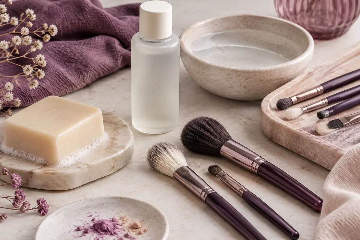 Savon et flacon de nettoyant près de pinceaux propres