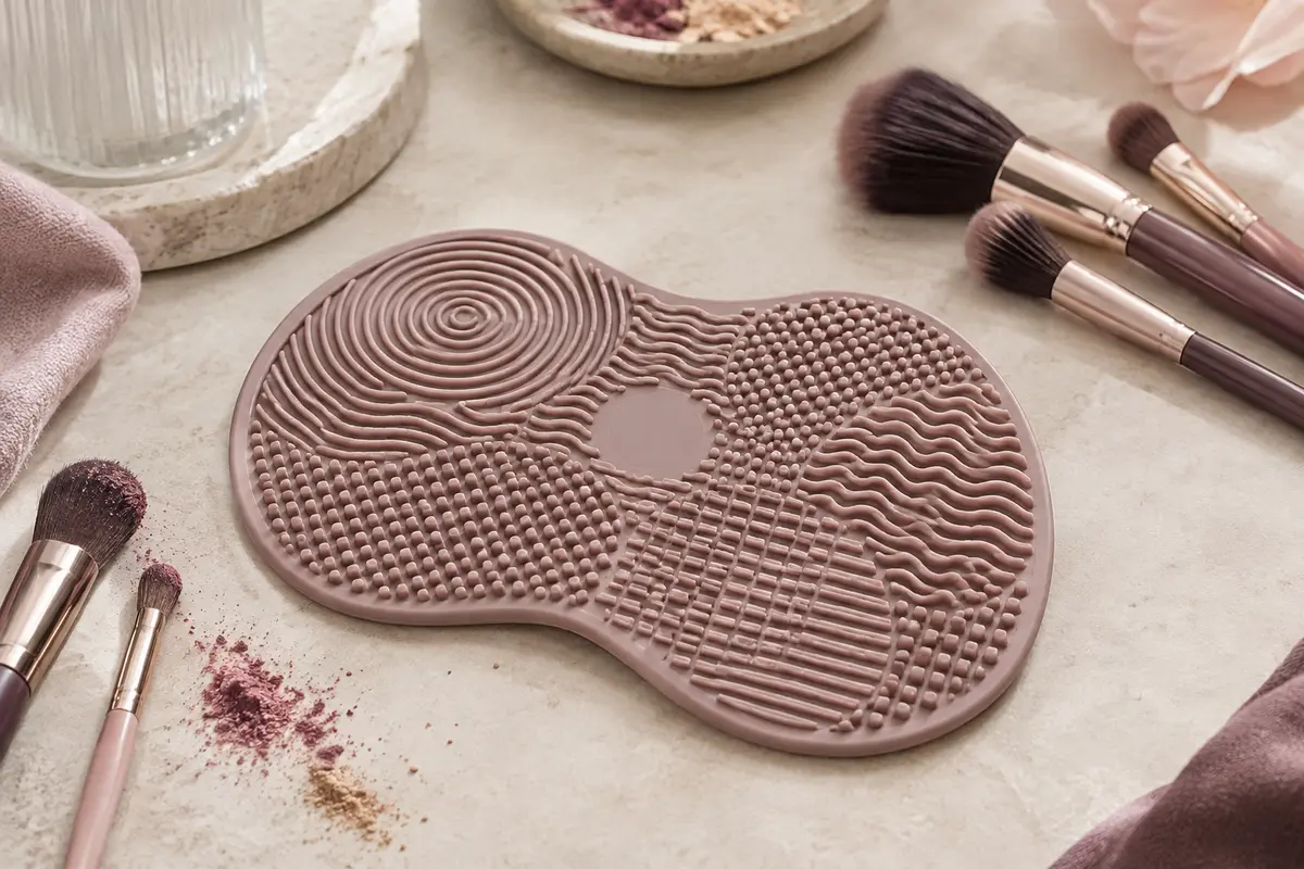 Tapis texturé de nettoyage posé près de pinceaux de maquillage