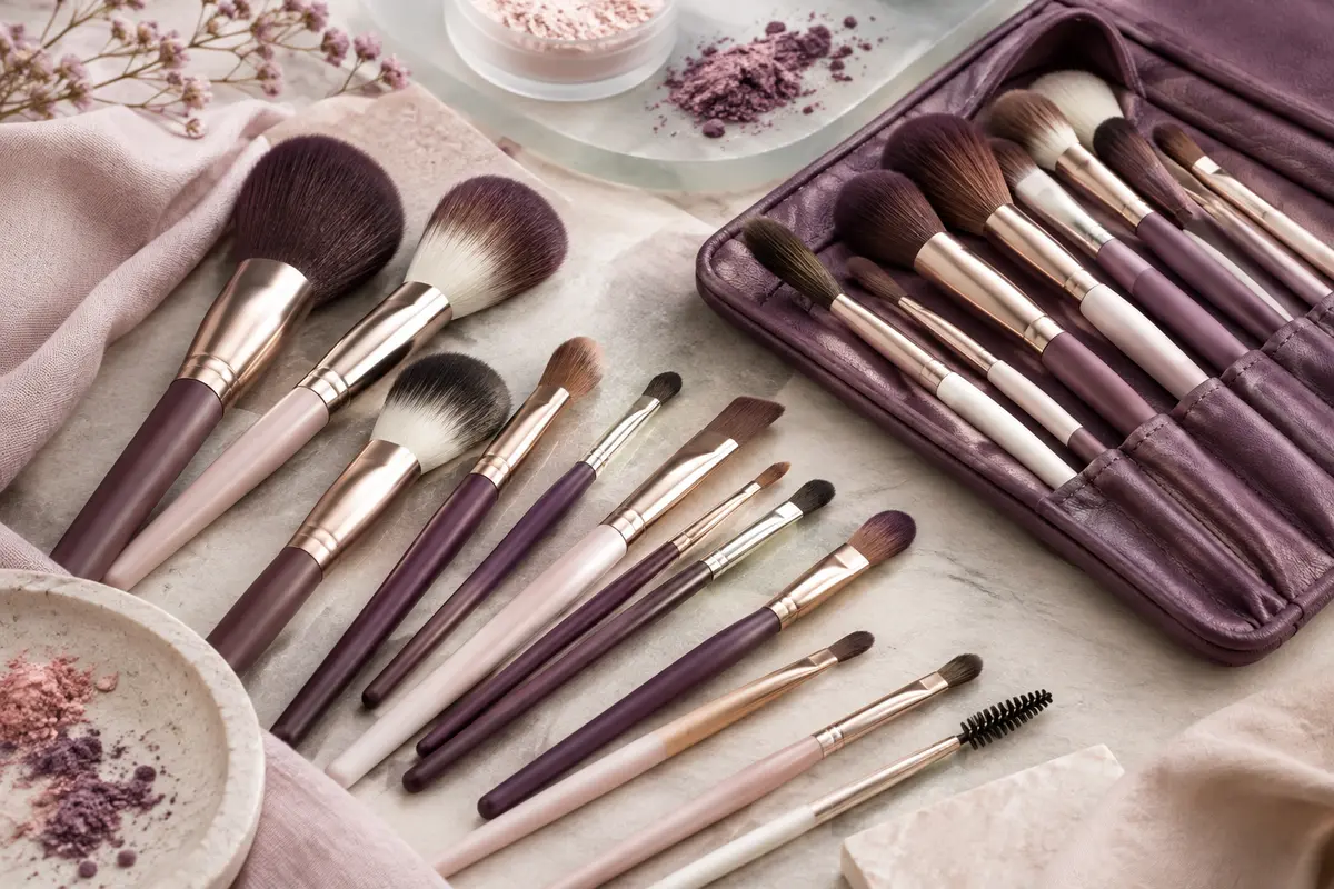 Kits de pinceaux de maquillage rangés dans des étuis ouverts