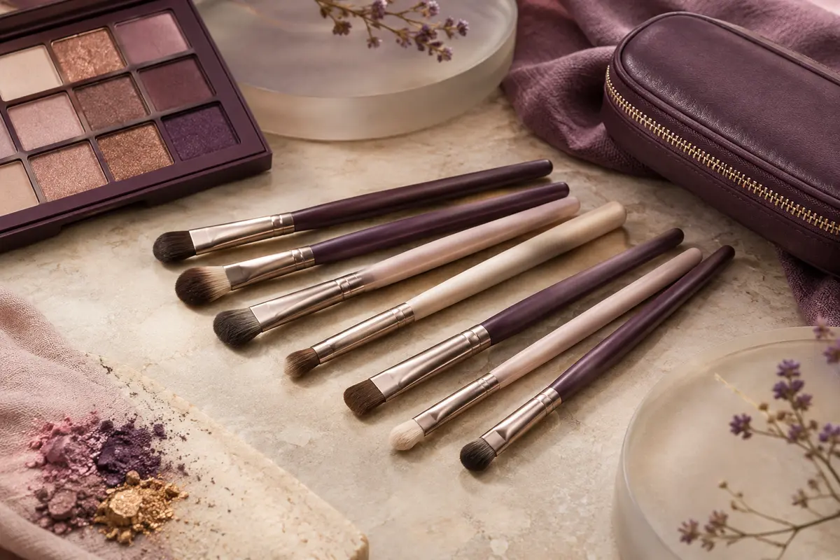 Kit de pinceaux pour les yeux près d’une palette de fards neutres