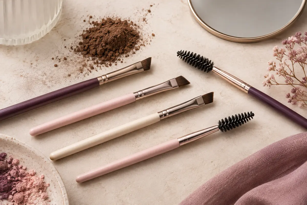Pinceau biseauté et goupillons pour les sourcils sur fond clair