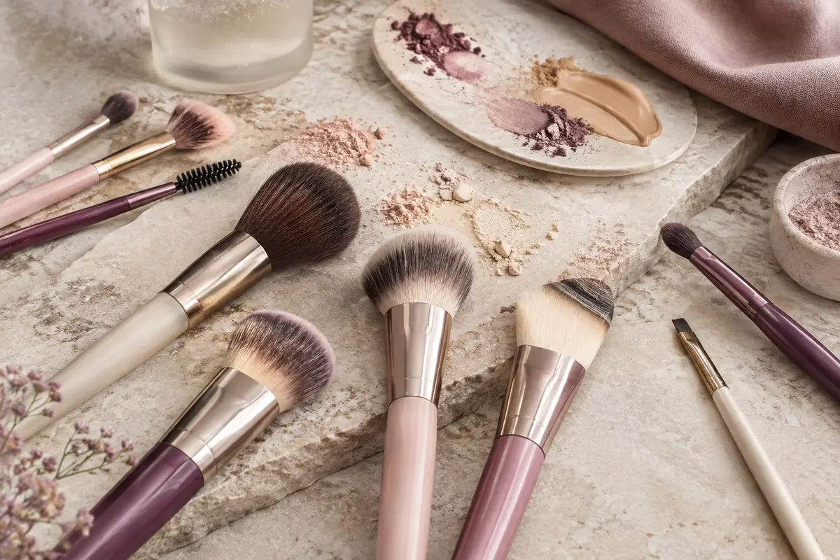 Pinceaux de teint de formes variées posés près de traces de maquillage
