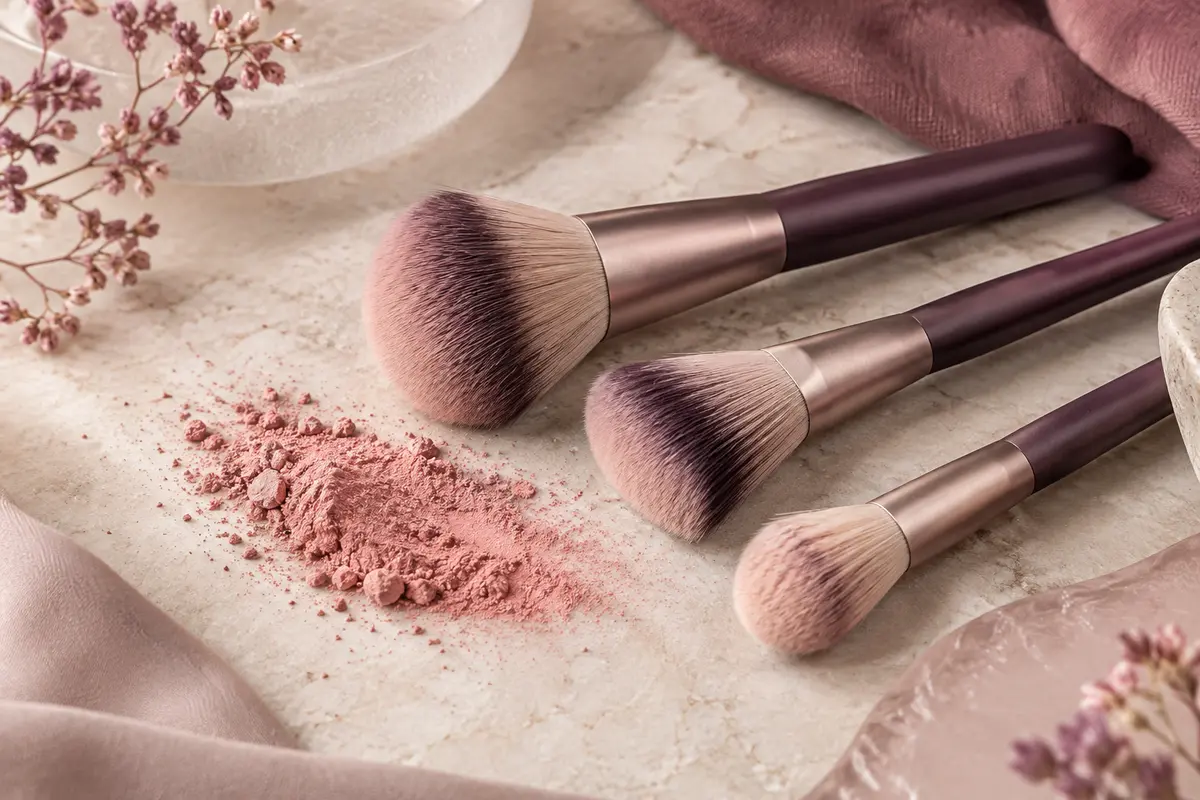 Pinceaux à blush arrondis et biseautés près d’une poudre rose