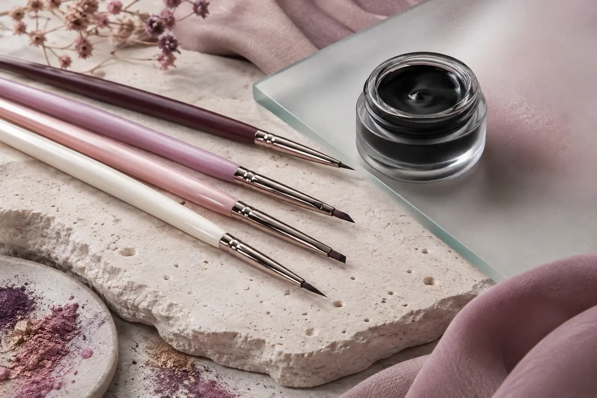 Pinceaux eyeliner fins et biseautés près d’un pot de gel