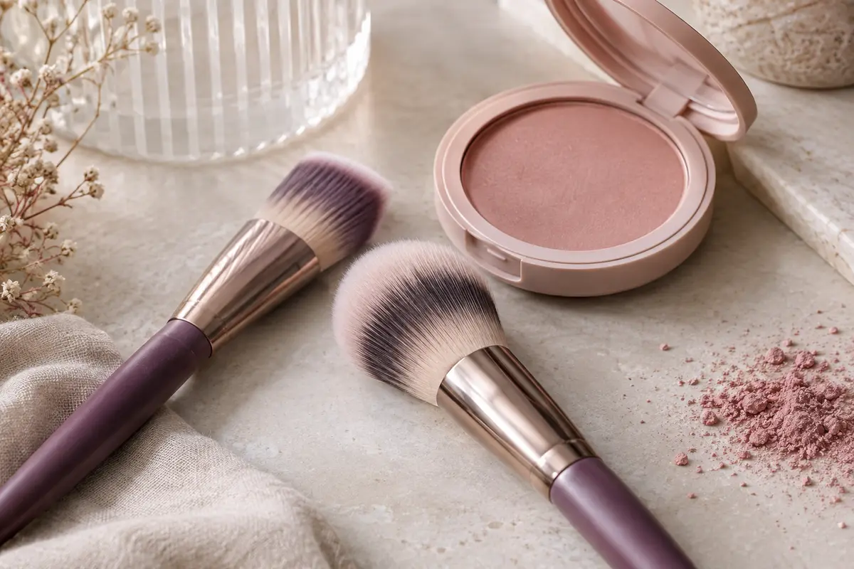Deux pinceaux blush, l’un arrondi et l’autre biseauté, posés près d’un blush poudre ouvert.