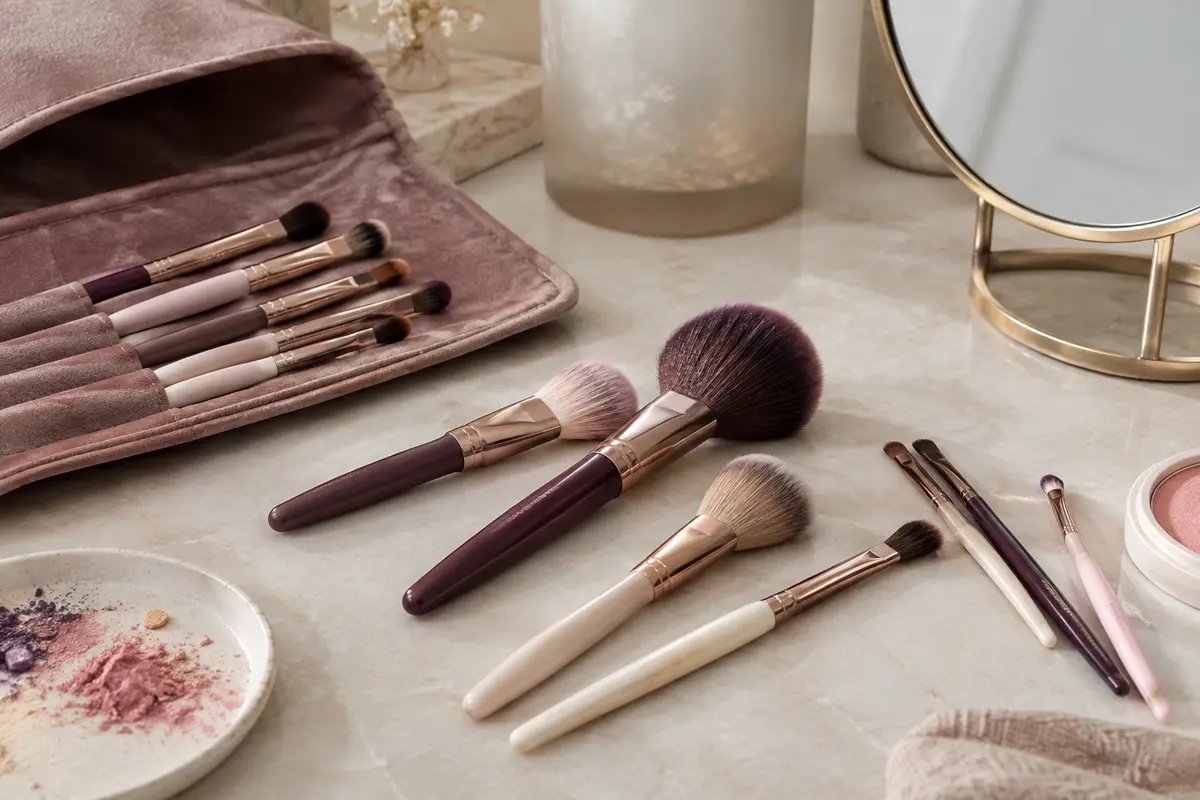 Petite sélection de pinceaux pour le teint et les yeux, rangés dans un étui ouvert sur une coiffeuse