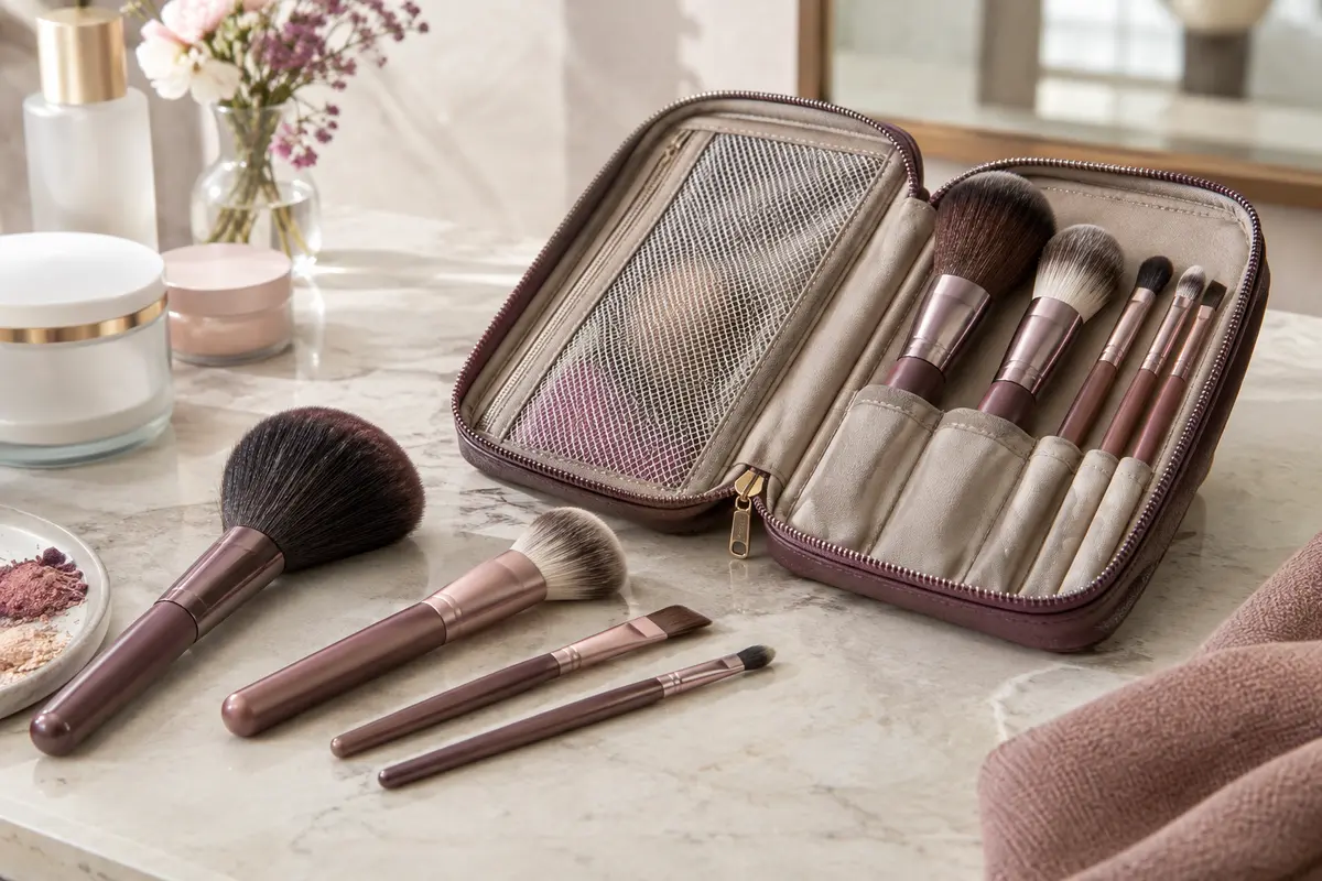 Pinceaux de maquillage pour le visage et les yeux rangés dans un étui ouvert, avec plusieurs formes distinctes.
