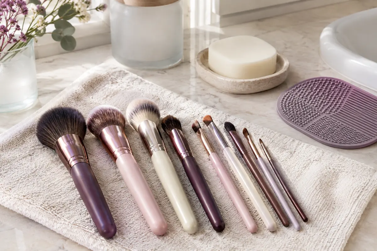 Pinceaux de maquillage propres séchant à plat près d’un savon et d’un tapis de nettoyage