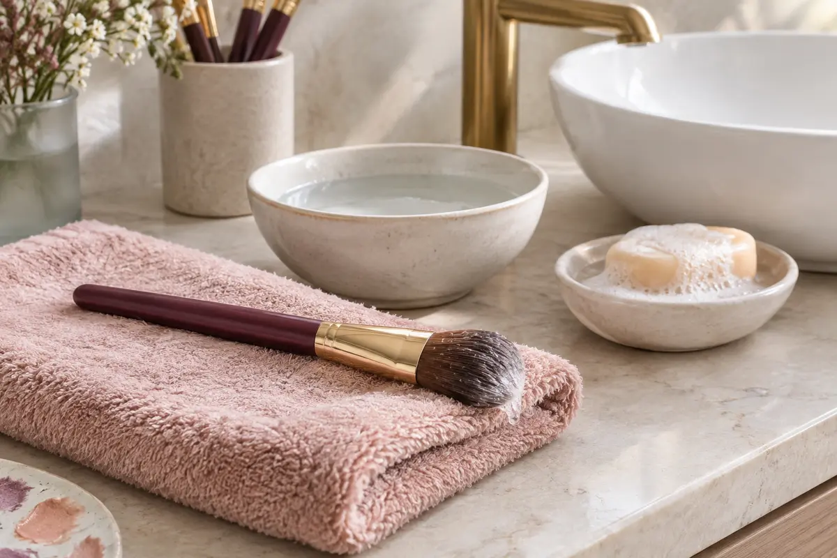 Pinceau de maquillage aux fibres humides posé à plat sur une serviette pliée, près d’une vasque blanche, d’un bol d’eau et d’un savon