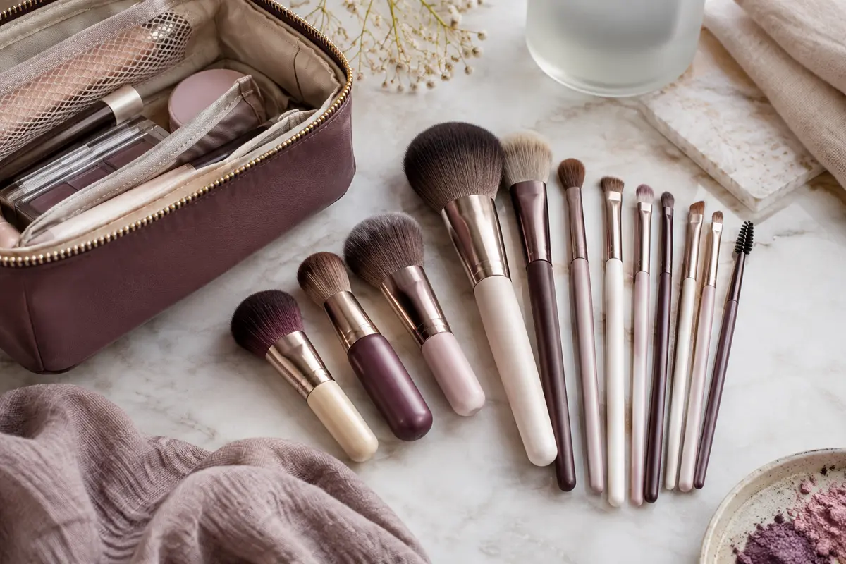 Pinceaux de maquillage à manches courts et longs disposés près d’une trousse de voyage