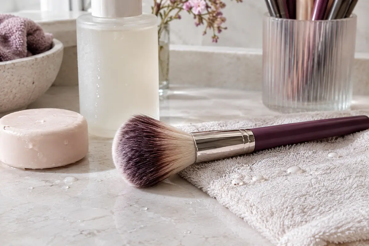 Pinceau de maquillage propre posé près d’un savon doux et d’un nettoyant sur une serviette