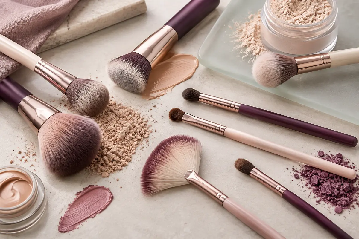 Pinceaux de maquillage de formes variées disposés près de textures crème et poudre