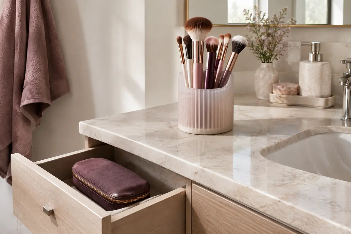 Pinceaux de maquillage propres rangés dans un organisateur compact et un étui à l’abri du lavabo