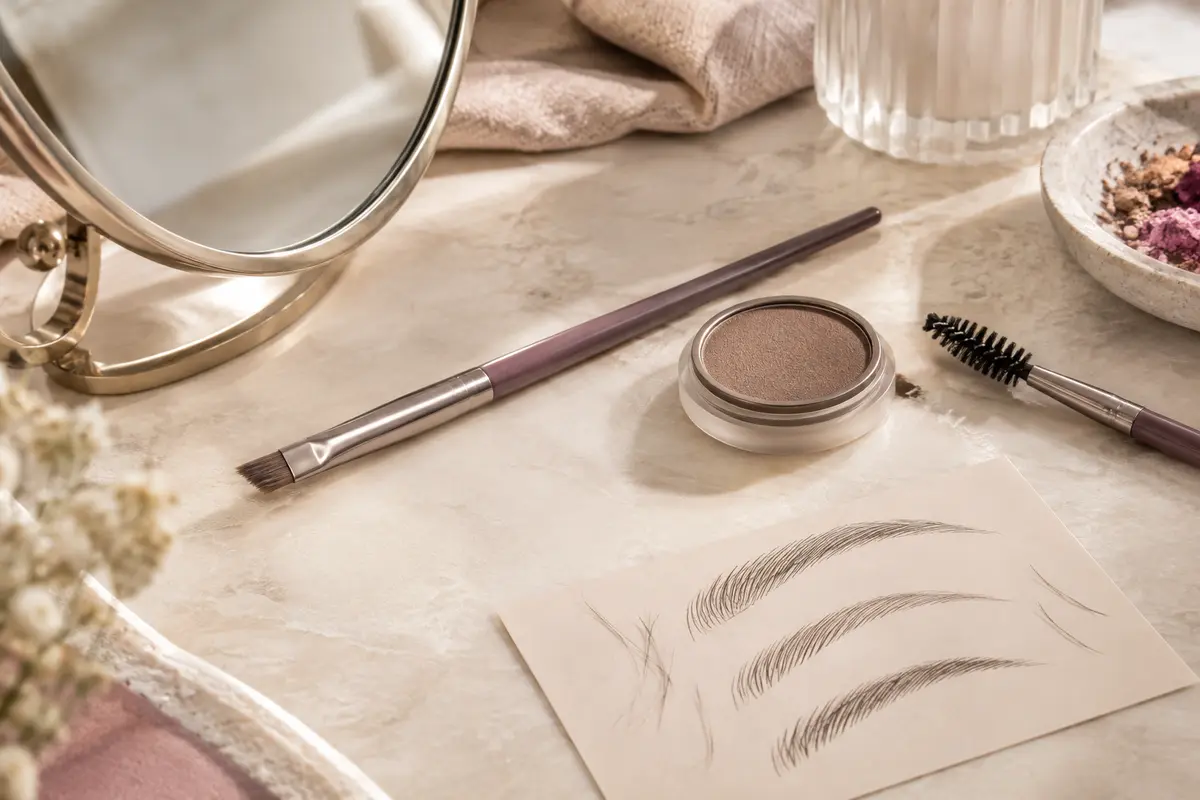 Pinceau biseauté, poudre et goupillon réunis pour illustrer le maquillage naturel des sourcils