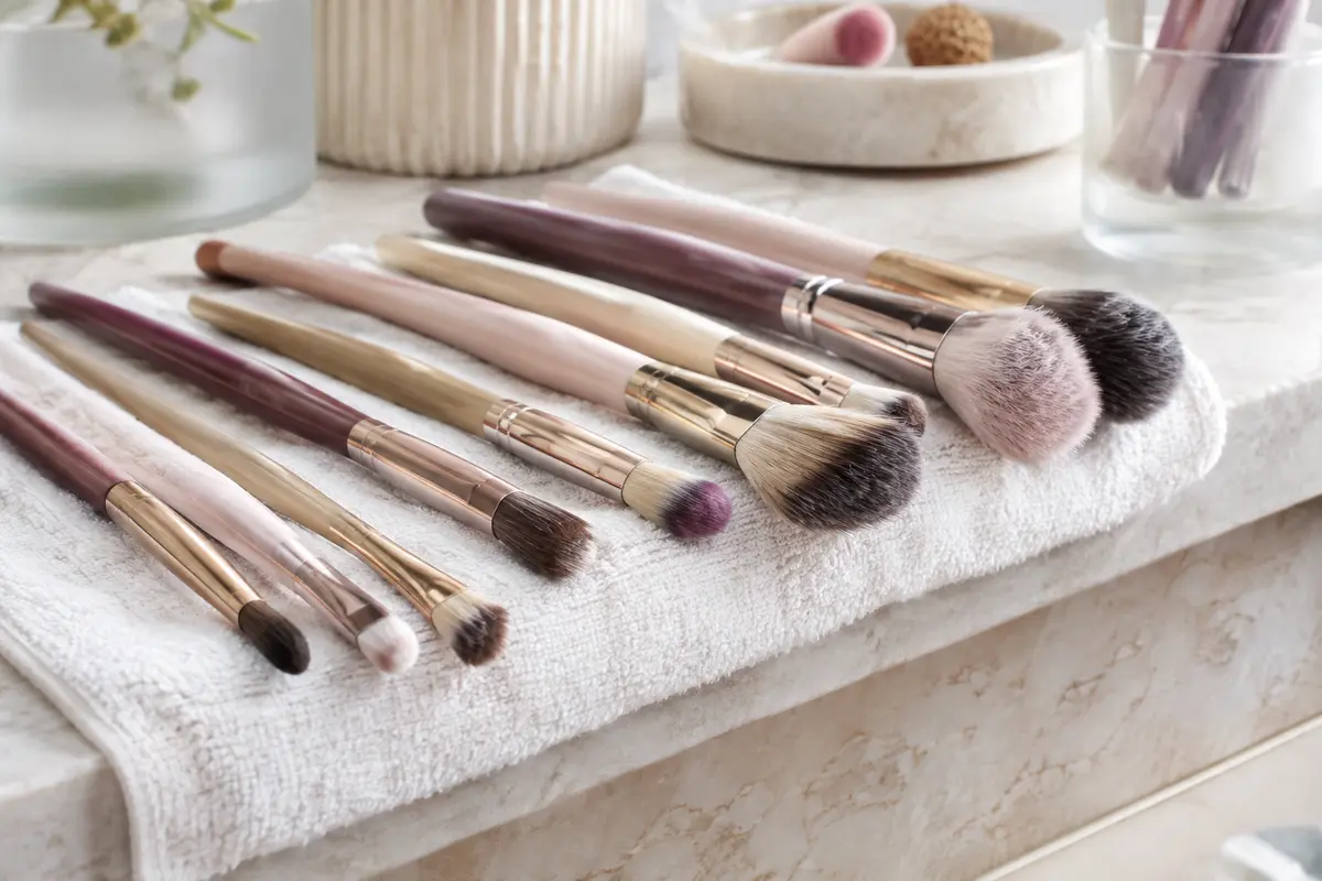 Pinceaux de maquillage lavés qui sèchent à plat, leurs têtes libres dépassant d’une serviette propre.