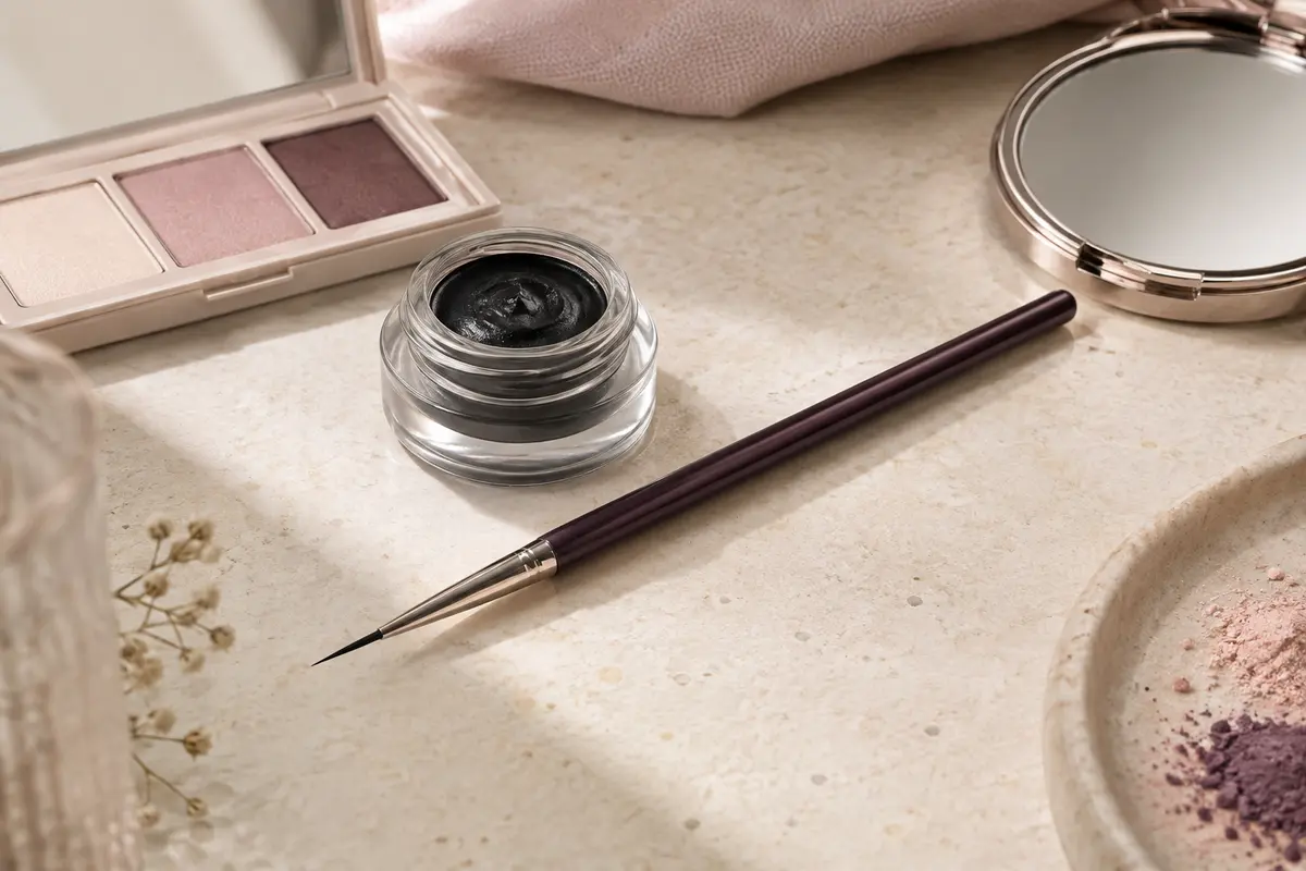 Pinceau eyeliner fin posé près d’une petite touche de gel noir sur une surface claire