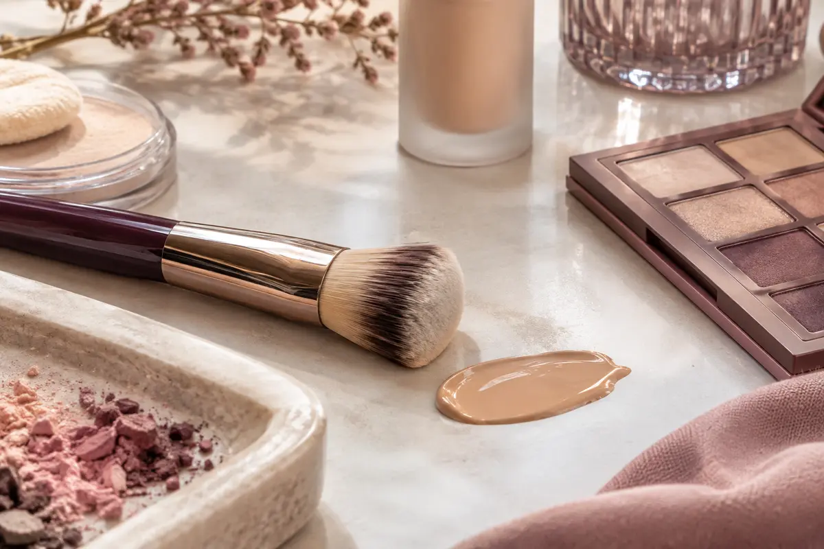 Pinceau propre et petite quantité de fond de teint fluide posés sur une coiffeuse éclairée naturellement.