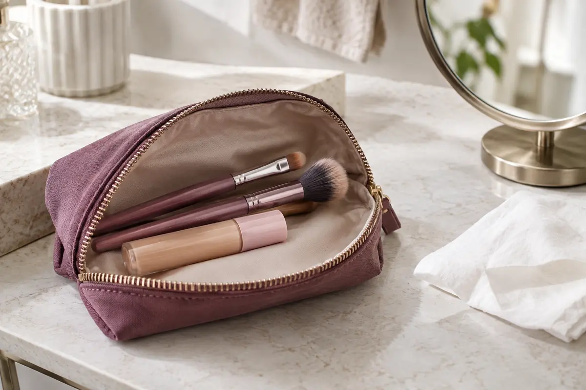 Pinceaux correcteurs et tube de maquillage posés sur une table claire dans une salle de bains lumineuse