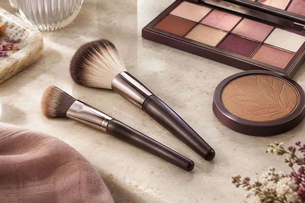 Deux pinceaux de visage, l’un biseauté pour le contouring et l’autre souple pour le bronzer, près d’une poudre