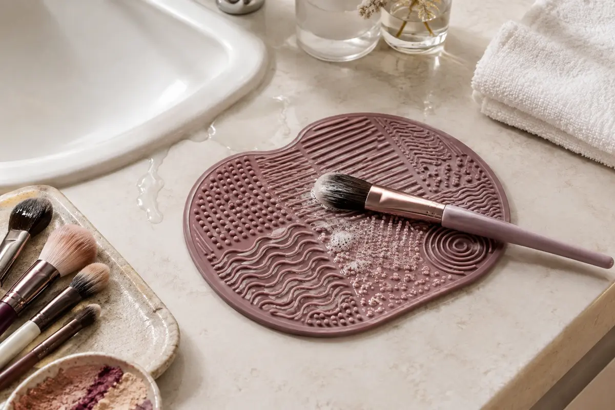 Tapis de nettoyage en silicone et pinceau humide posés près d’un lavabo propre