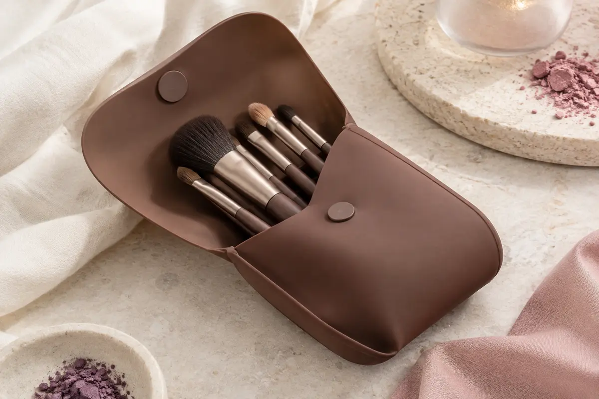 Étui porte-pinceaux en silicone noyer ouvert, posé sur une pierre claire avec des pinceaux rangés à l’intérieur.