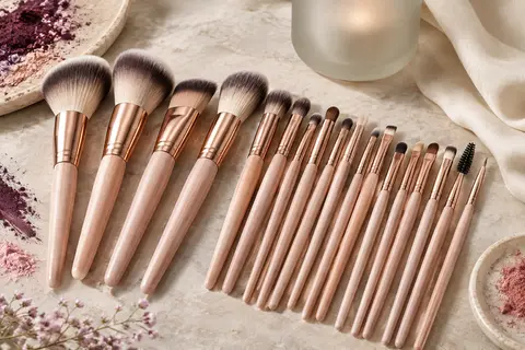 Ensemble de 18 pinceaux de maquillage rose doré aux fibres synthétiques, disposé sur une pierre claire.