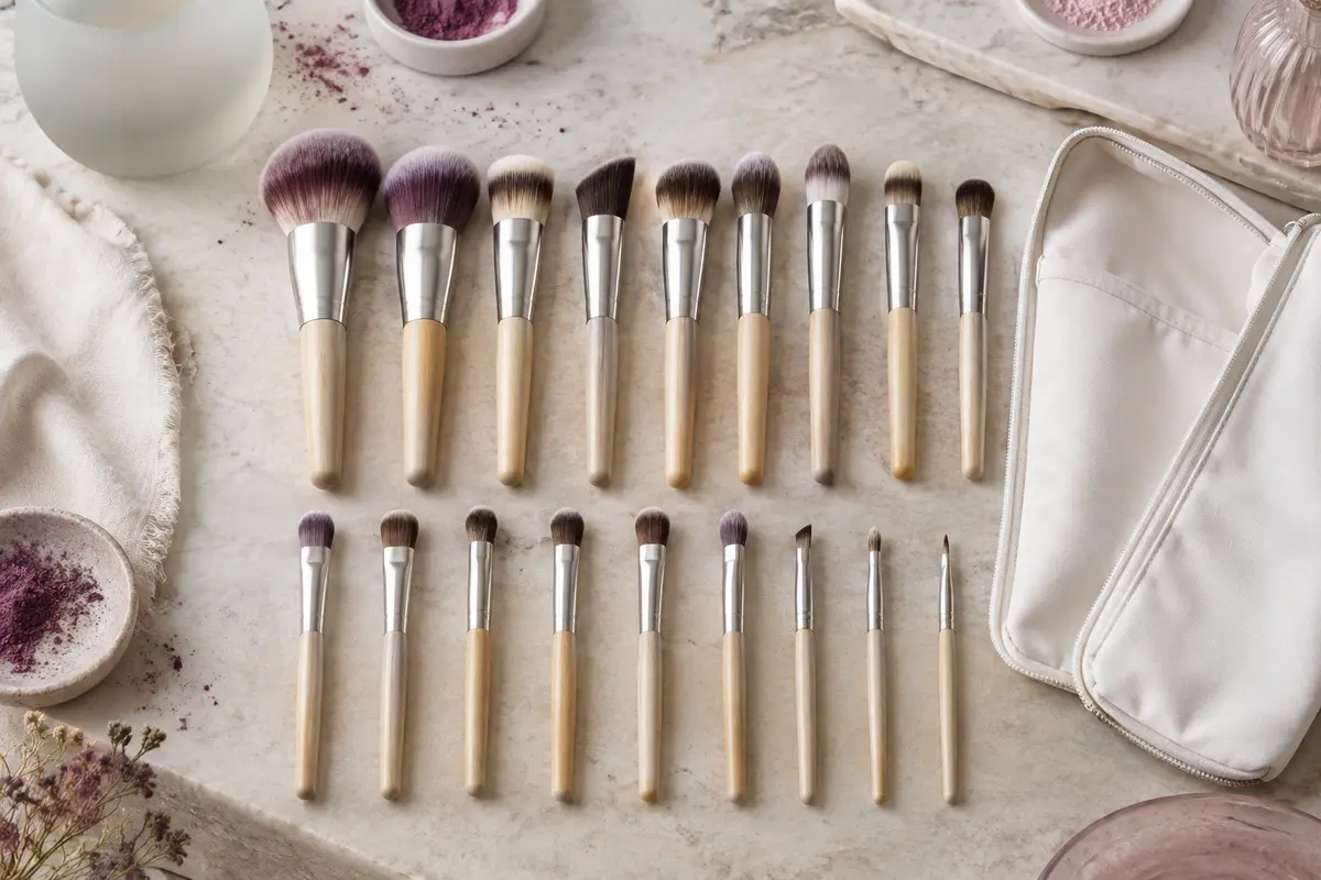 Dix-huit pinceaux de maquillage à manches en bois clair alignés en deux rangées sur une pierre claire, à côté d’une trousse souple blanche