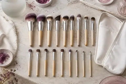 Dix-huit pinceaux de maquillage à manches en bois clair alignés en deux rangées sur une pierre claire, à côté d’une trousse souple blanche