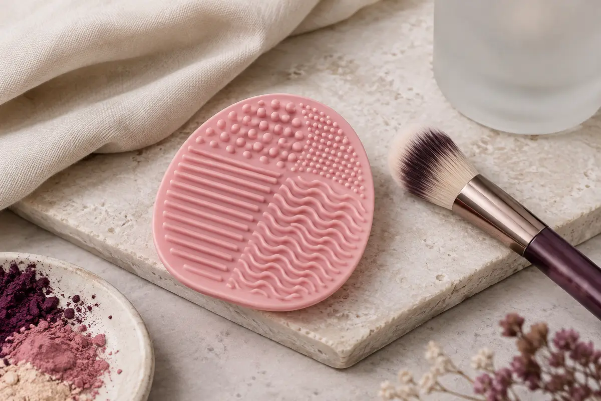 Palette rose en silicone à trois textures posée sur une pierre claire près d’un pinceau de maquillage.