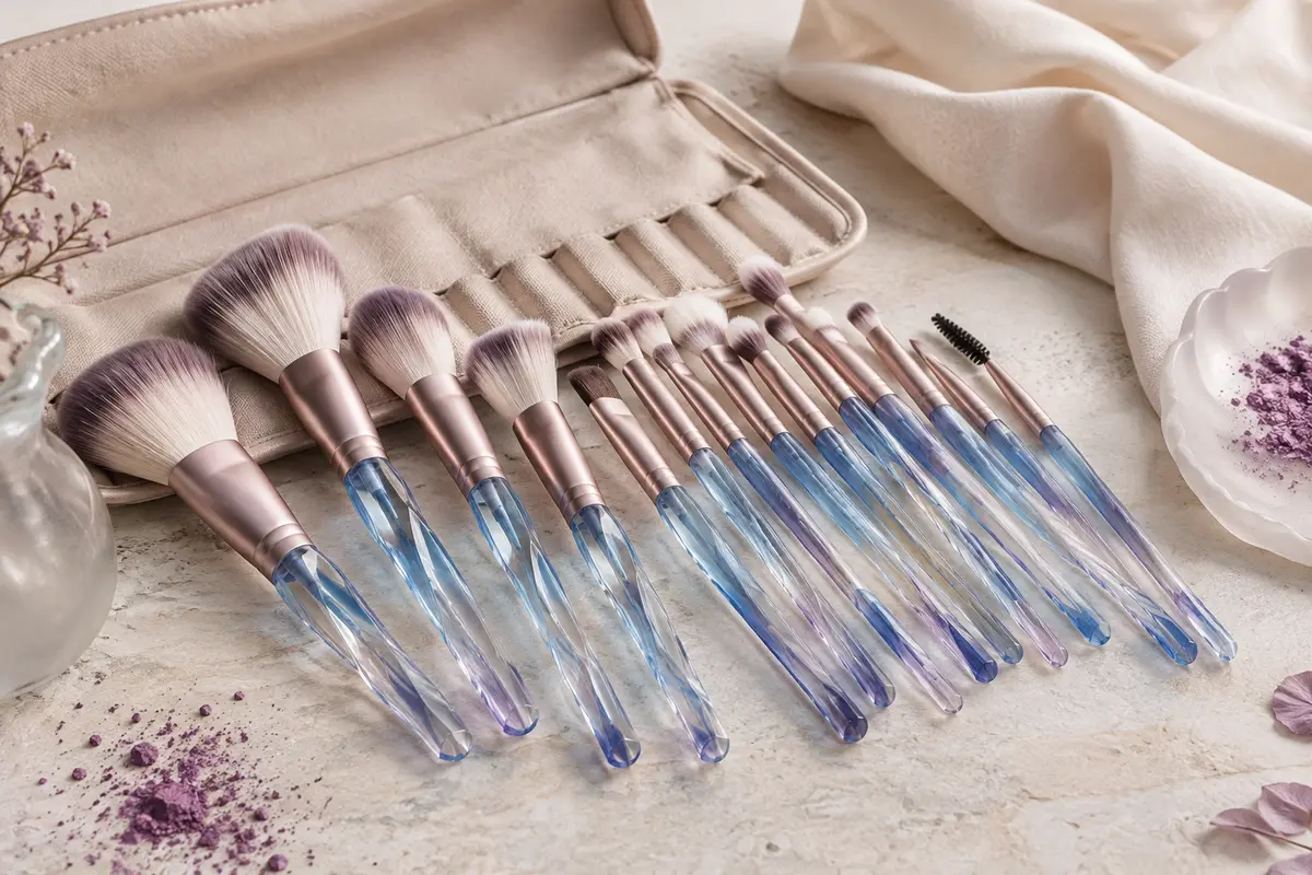Kit de pinceaux de maquillage en nylon aux manches bleues effet cristal, présenté avec son étui ouvert.