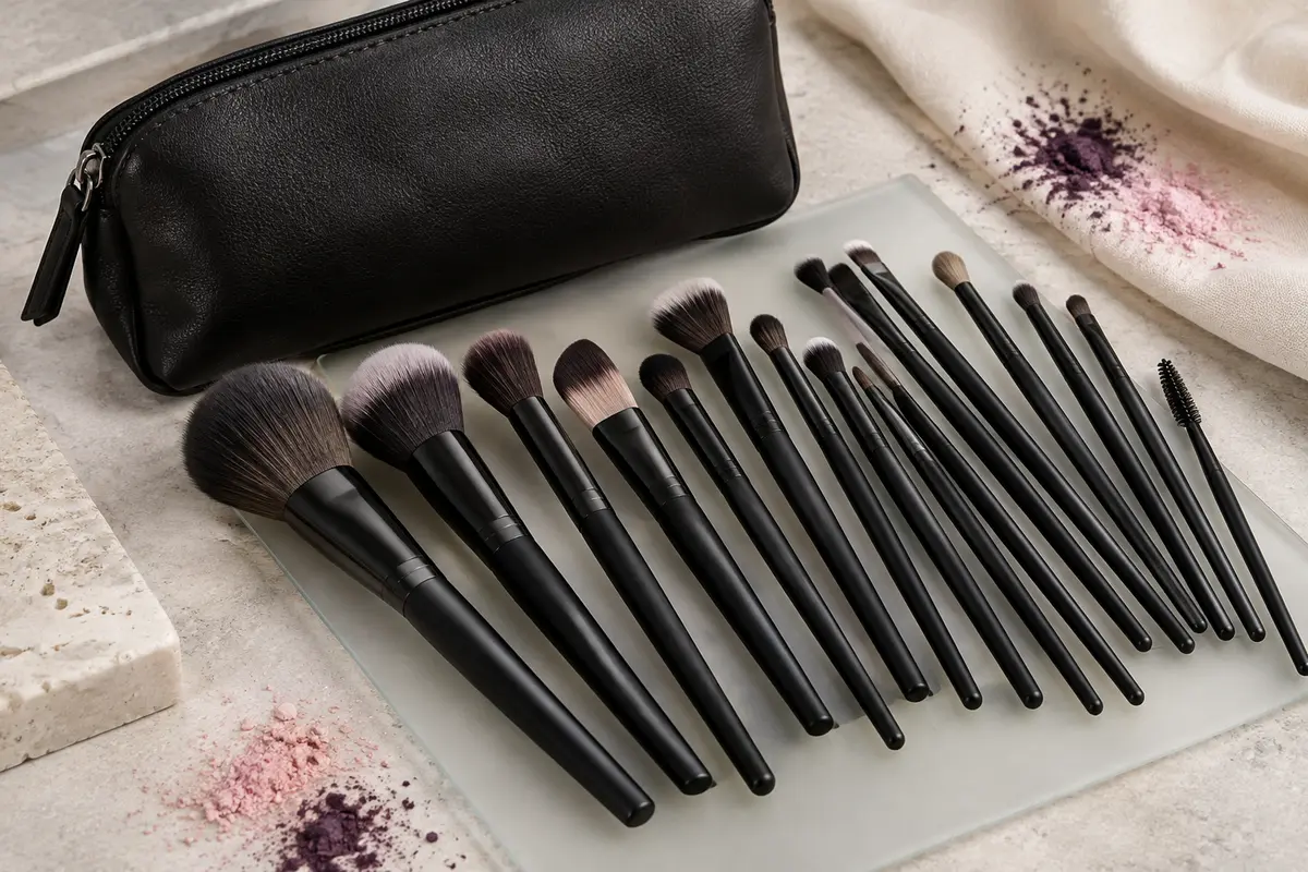 Kit DUcare de 15 pinceaux de maquillage noirs présenté avec sa trousse de transport sur une pierre claire.