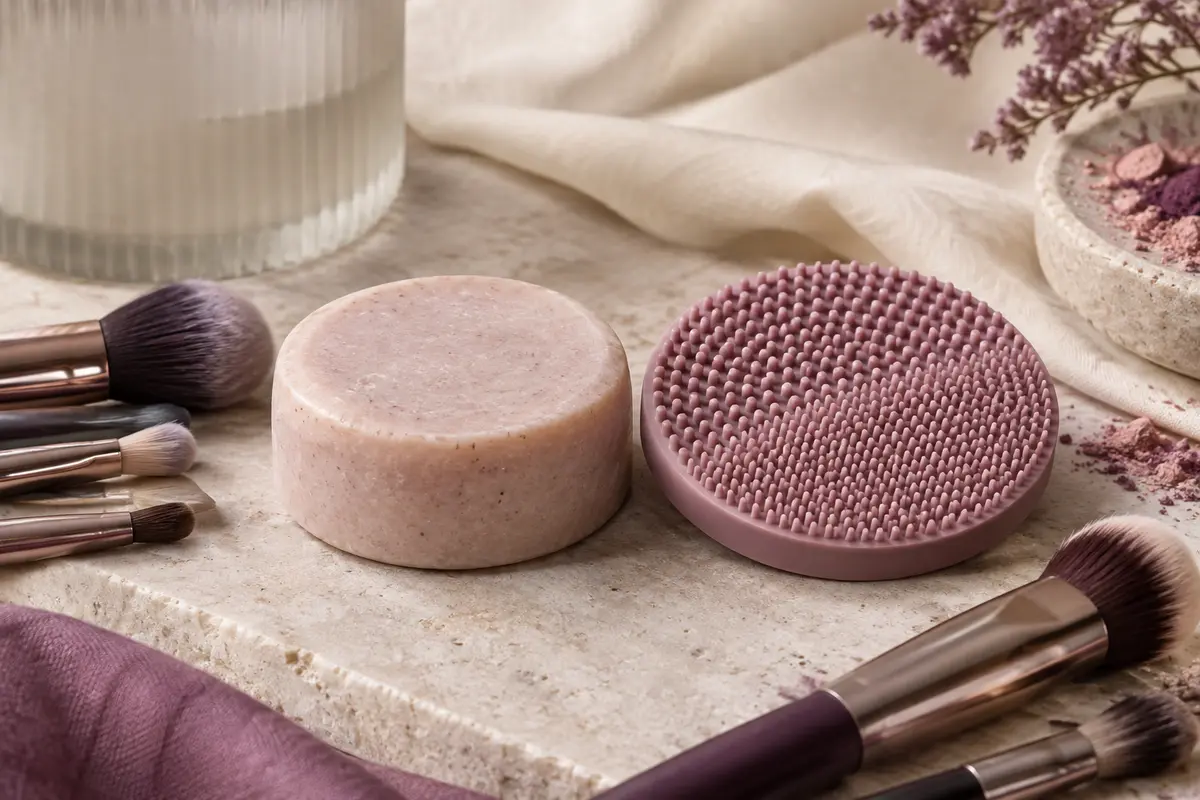 Kit de nettoyage pour pinceaux avec savon solide et éponge posé sur une pierre claire