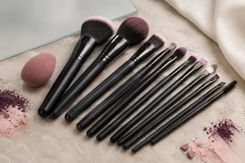 Kit de pinceaux noirs à poils synthétiques avec une éponge pour les yeux, disposé sur une pierre claire.