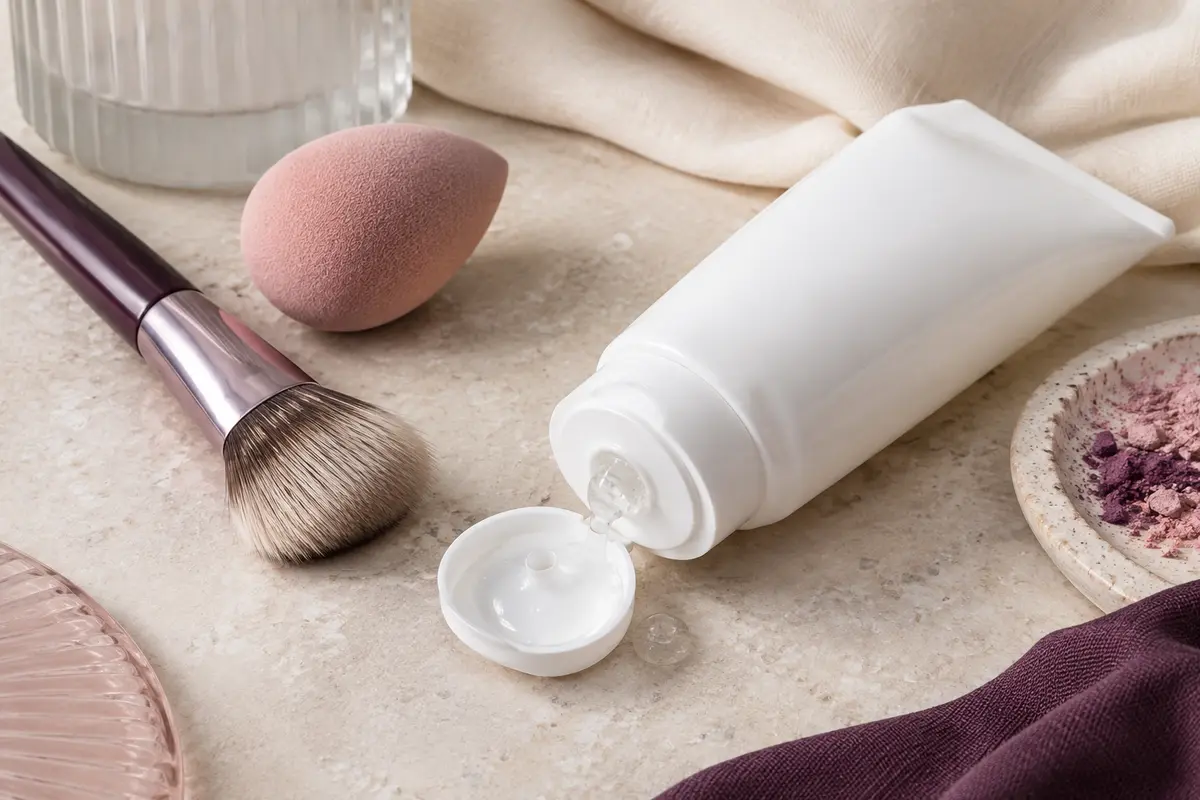 Flacon blanc de nettoyant pour pinceaux posé près d’un pinceau et d’une éponge sur pierre claire.