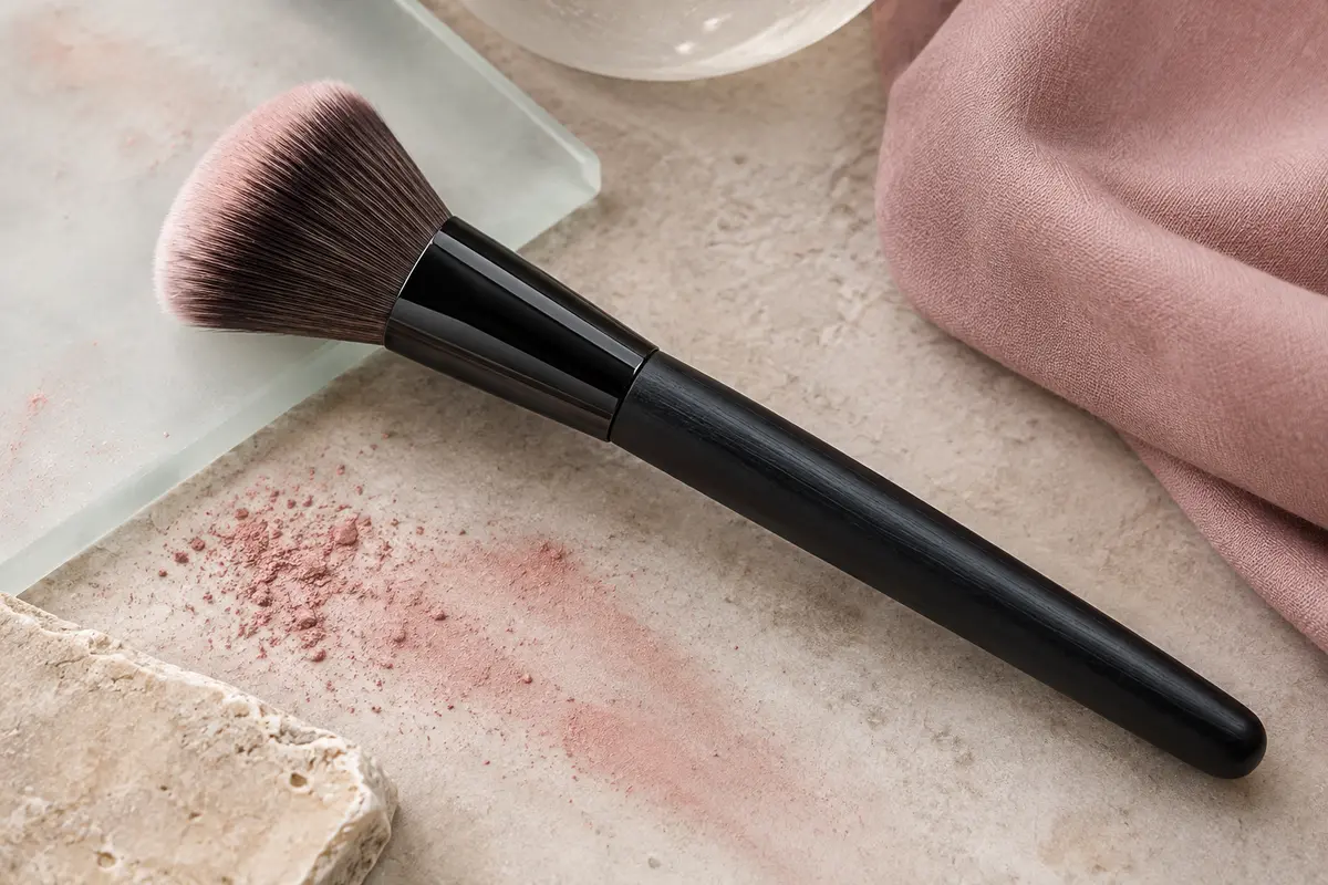 Pinceau noir e.l.f. à tête biseautée posé sur une pierre claire près d’un tissu rose poudré