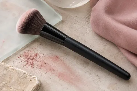Pinceau noir e.l.f. à tête biseautée posé sur une pierre claire près d’un tissu rose poudré