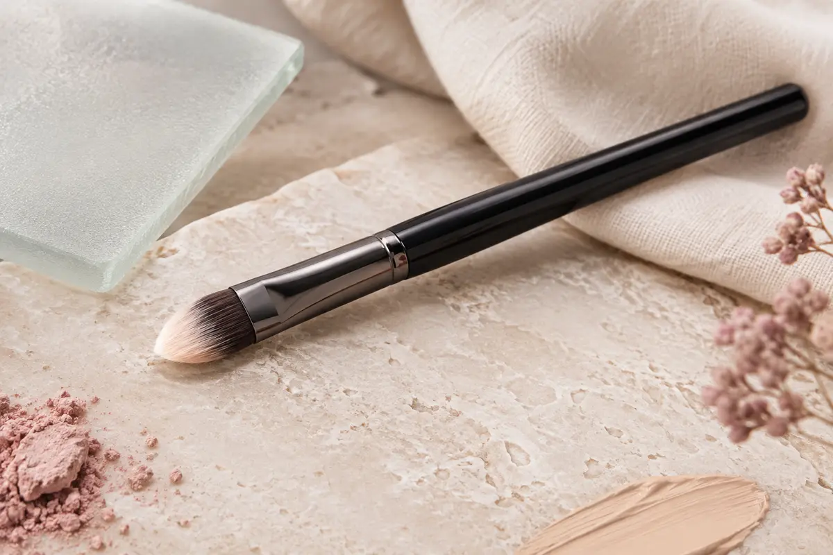 Pinceau anti-cernes noir à tête dense en forme de patte posé sur une pierre claire.