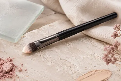 Pinceau anti-cernes noir à tête dense en forme de patte posé sur une pierre claire.