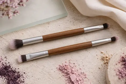 Deux pinceaux yeux double embout bruns, avec manches en bambou, viroles en aluminium et quatre têtes synthétiques.