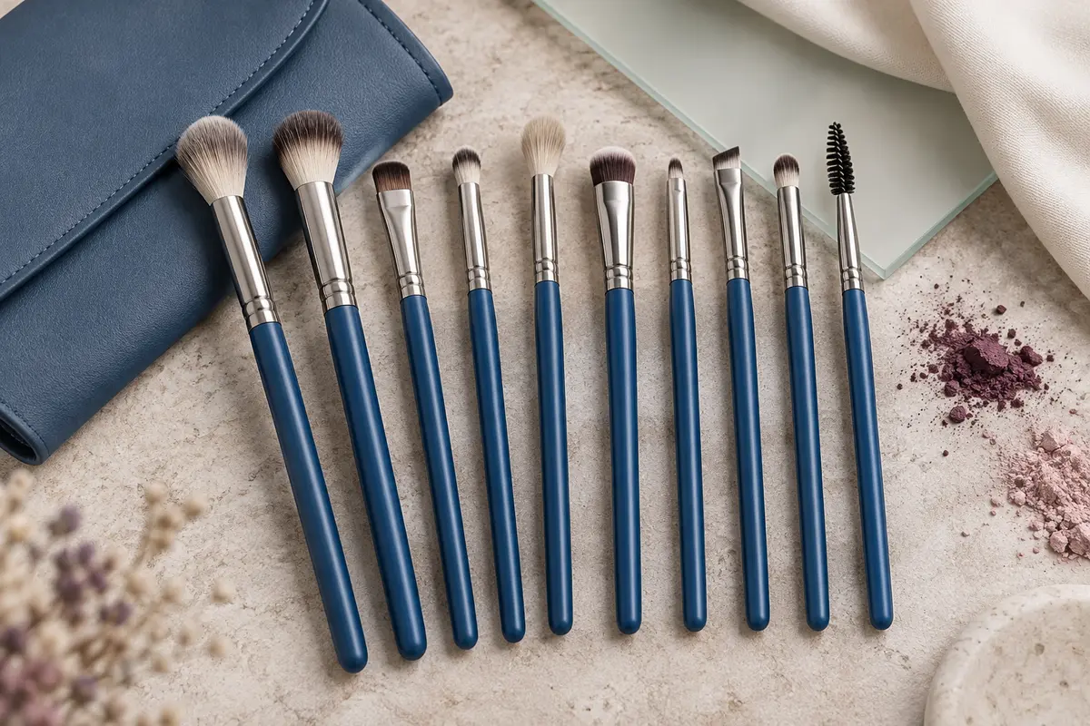 Kit de onze pinceaux pour les yeux aux manches bleus, posé près de sa pochette sur une pierre claire.