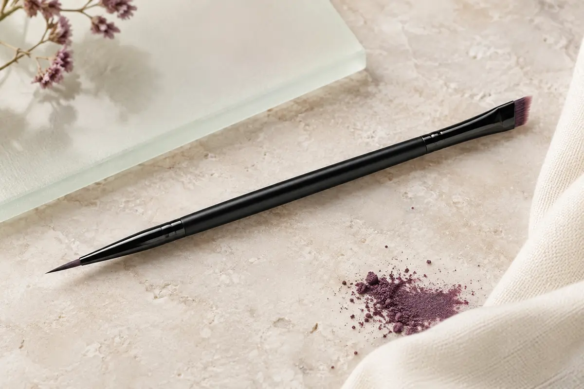 Pinceau de maquillage noir à double embout fin et biseauté posé sur une pierre claire