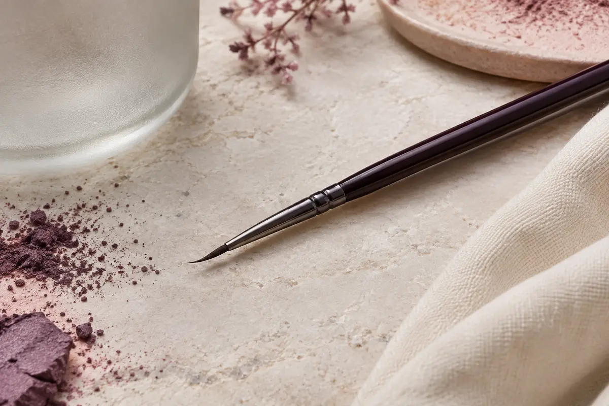 Pinceau eyeliner noir à tête faucille fine posé sur une surface en pierre claire.