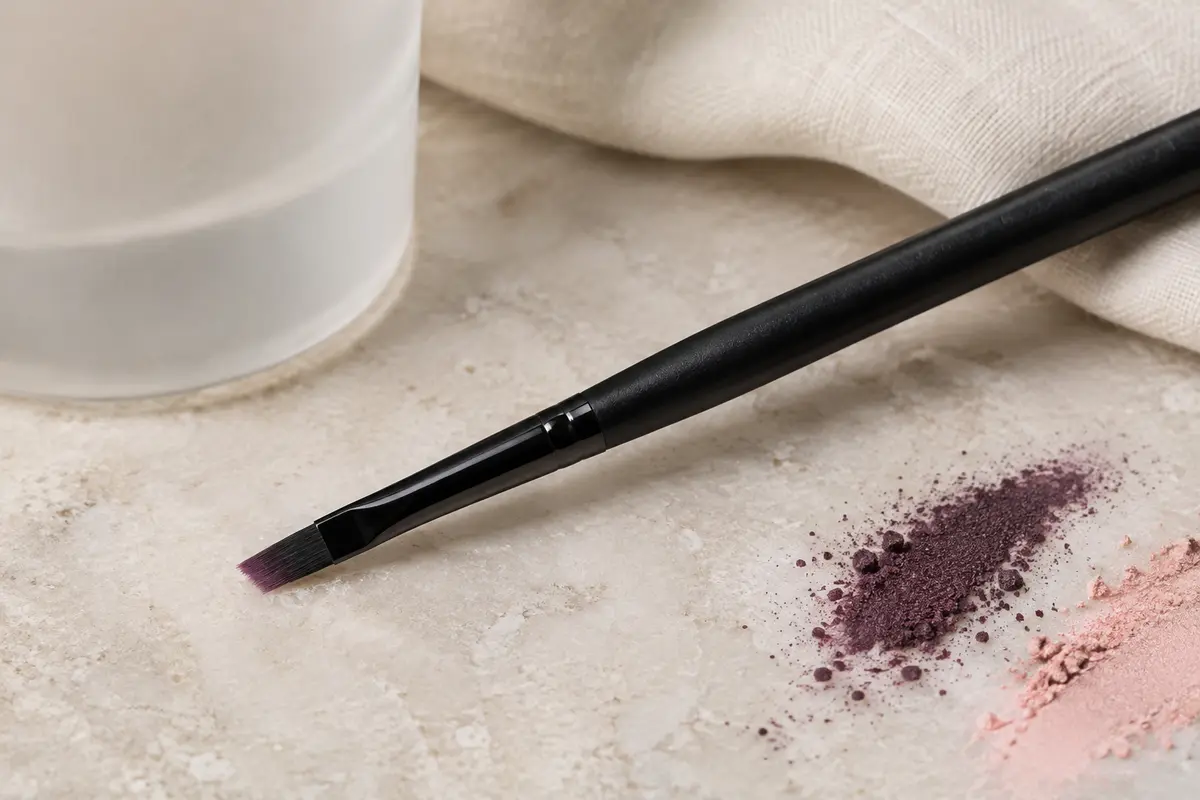 Pinceau eyeliner Eigshow à manche noir et tête fine inclinée posé sur une pierre claire.