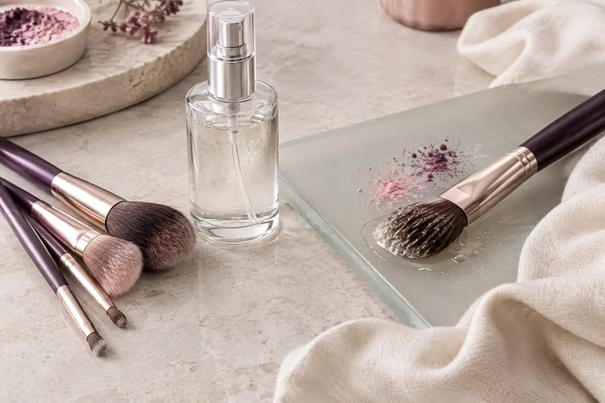 Spray nettoyant EJW pour pinceaux posé sur une pierre claire près de pinceaux de maquillage