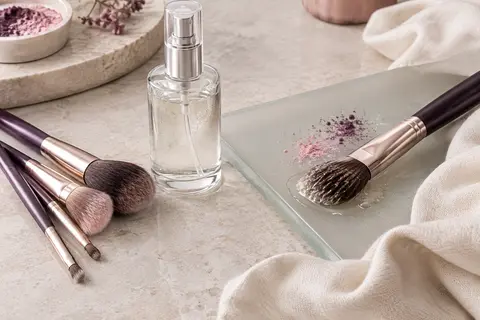 Spray nettoyant EJW pour pinceaux posé sur une pierre claire près de pinceaux de maquillage