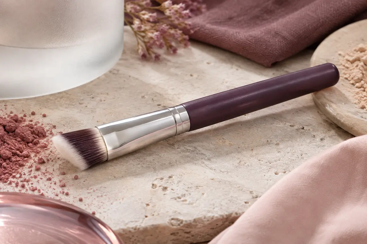 Pinceau correcteur compact à tête biseautée et fibres synthétiques posé sur une surface claire