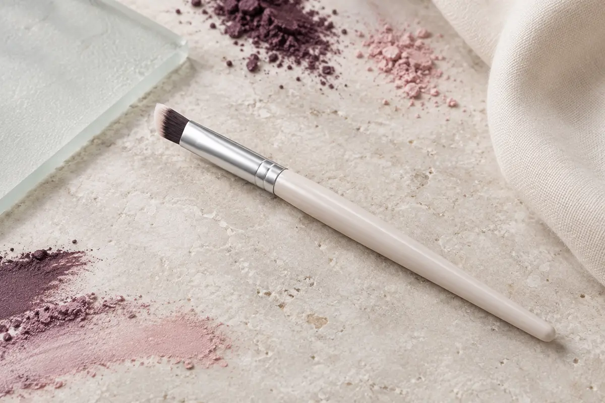 Pinceau correcteur mini biseauté à fibres synthétiques et virole en aluminium posé sur une pierre claire