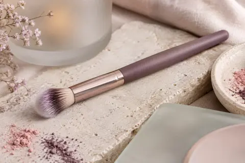 Pinceau estompeur essence à poils synthétiques, posé sur une pierre claire près de pigments de maquillage